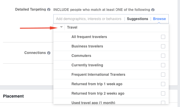 Shows detailed targeting with red arrow next to interest of Travel