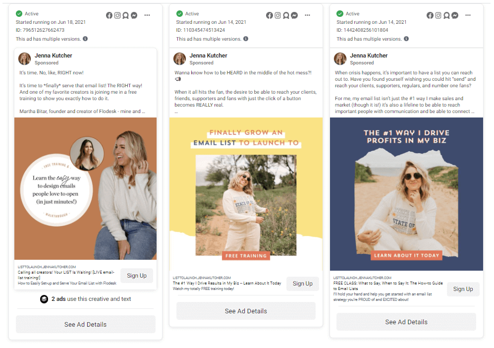 three samples of active ads from Jenna Kutcher