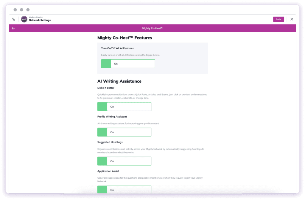 Mighty Co-Host Features web page with ability to turn on AI writing assistance features