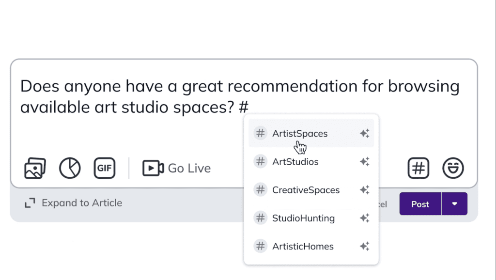 dropdown list of ai generated hashtags related to art studio spaces to choose from