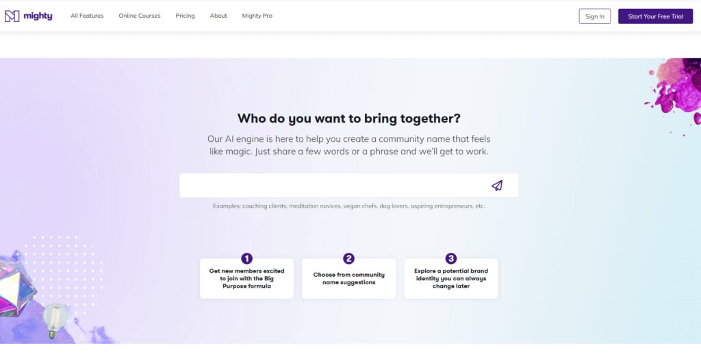 Mighty Networks homepage with search tab for AI engine