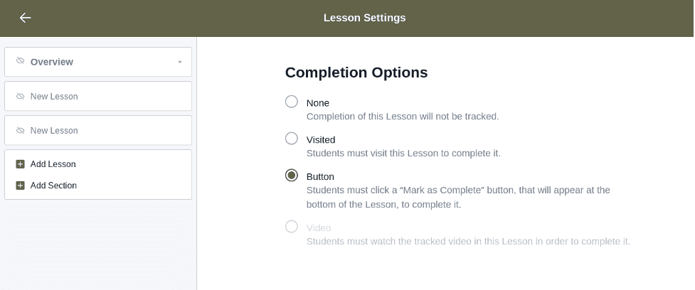 Screenshot of lesson completion options