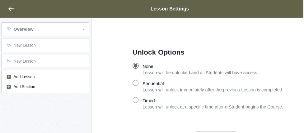 Screenshot of lesson settiings in MIghty Networks