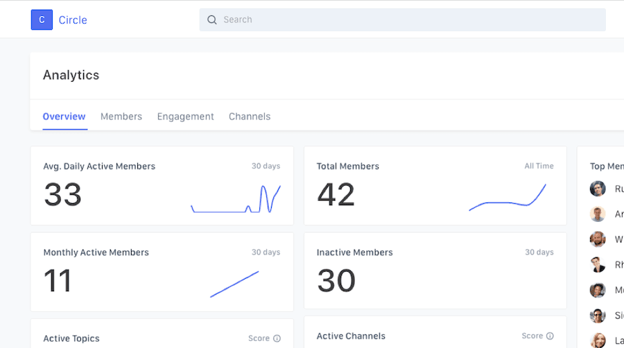 Analytics page overview with 
Avg Daily Active Members
Total Members
Monthly Active Members and Inactive Members