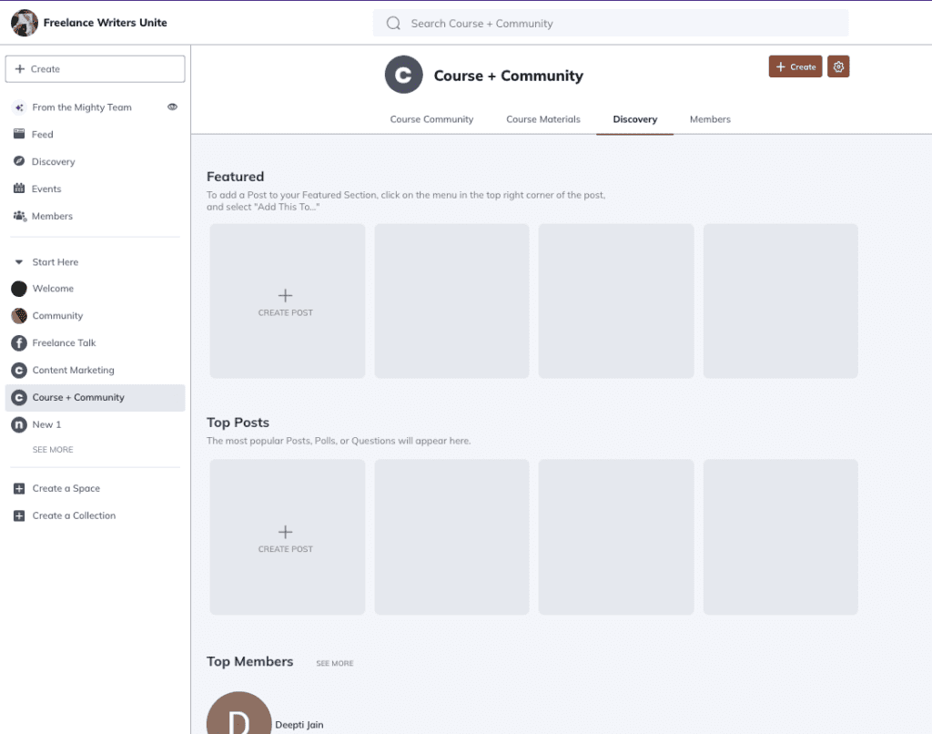 Course + Community Discovery Tab with Featured and 4 gray boxes, Top Posts and 4 greay boxes and Top Members with Deept Jain below