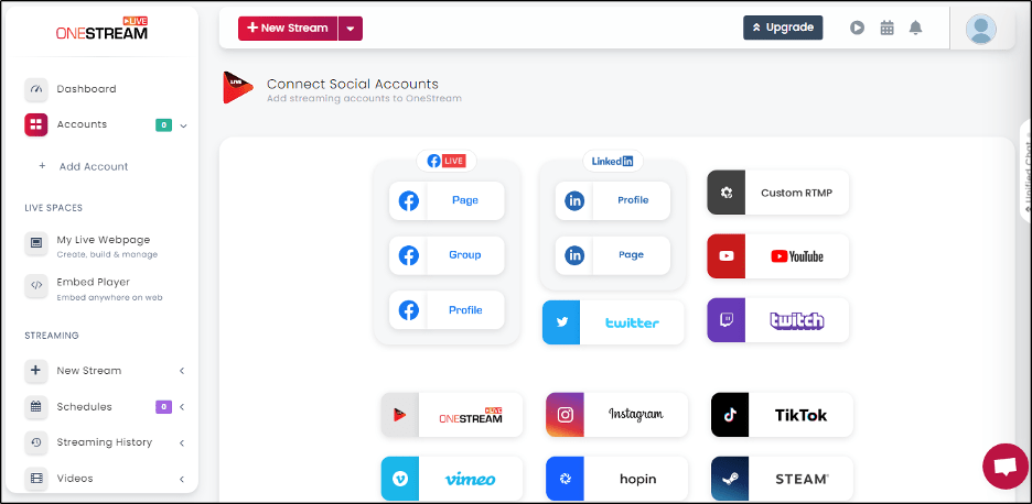OneStream menu - connect to Social Accounts page 