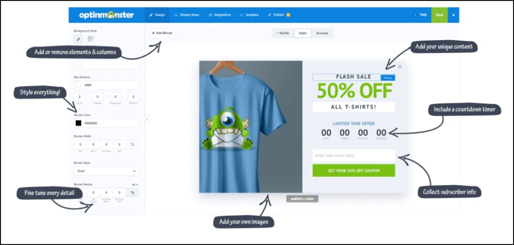 OptinMonster example page displaying a T-shirt pop-up Flash Sale, featuring an 50% discount