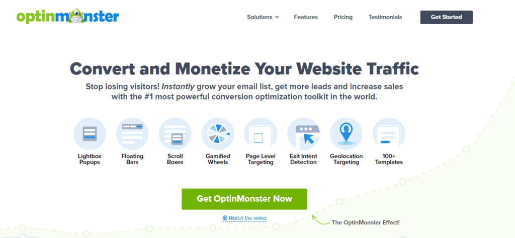 OptinMonster home page displaying the words "Convert and Monetize Your Website Traffic"