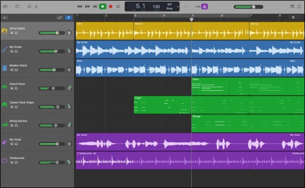 Screenshot of GarageBand recording software with yellow, blue, green and purple sound waves and a play button