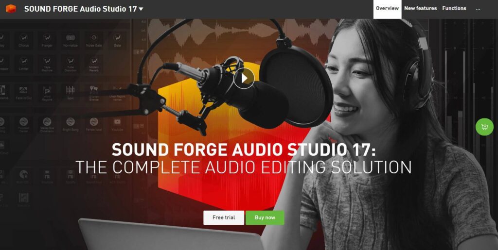 homepage of Sound Forge
woman with headphones on talking into a mic
Free Trial and Buy Now buttons