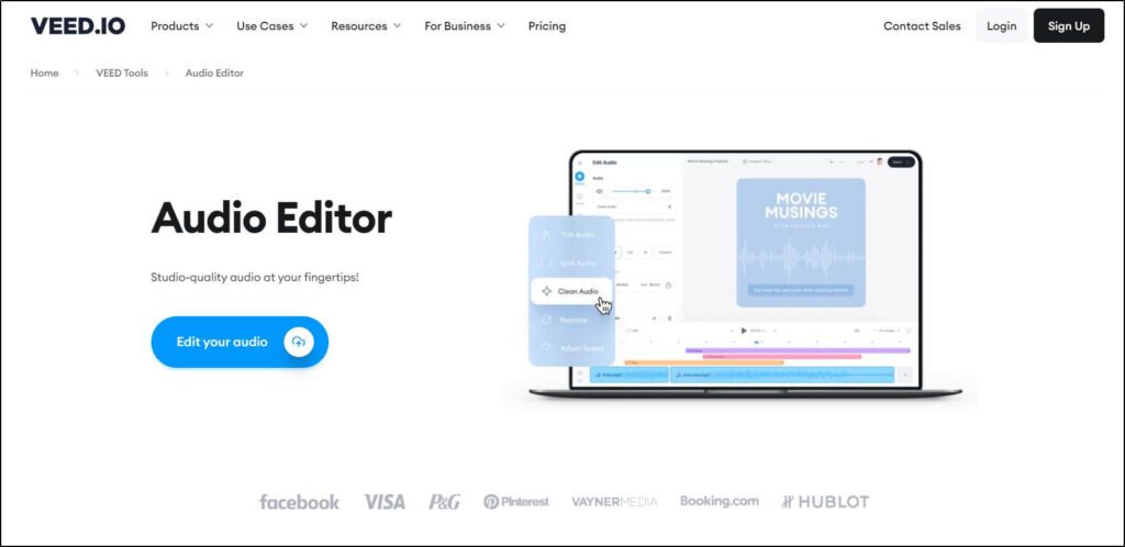VEED.IO homepage
Blue edit your audio button
image of a editor on screen with movie musings
Sign Up button
Login Button