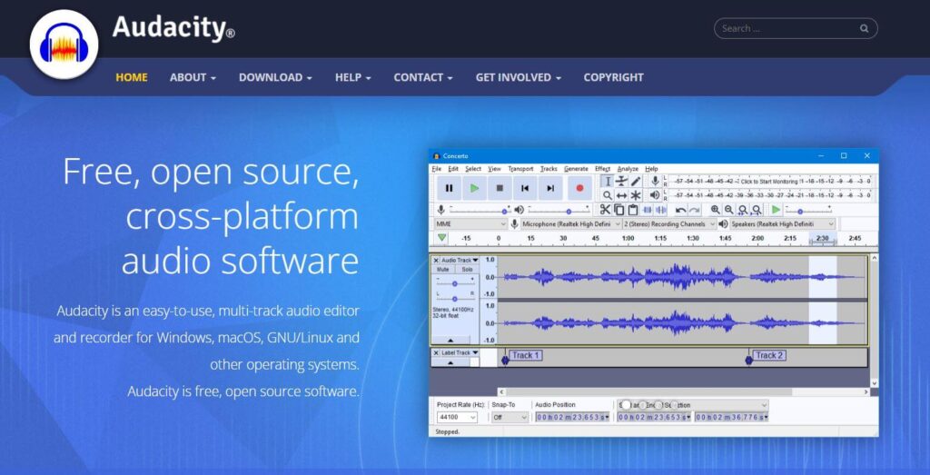 Screenshot of Audacity homepage
with image of podcast recording software and menu on top
