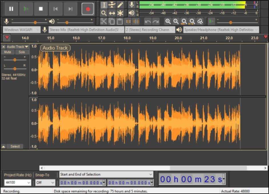 recording software with orange soundwaves and a pause, stop and record button