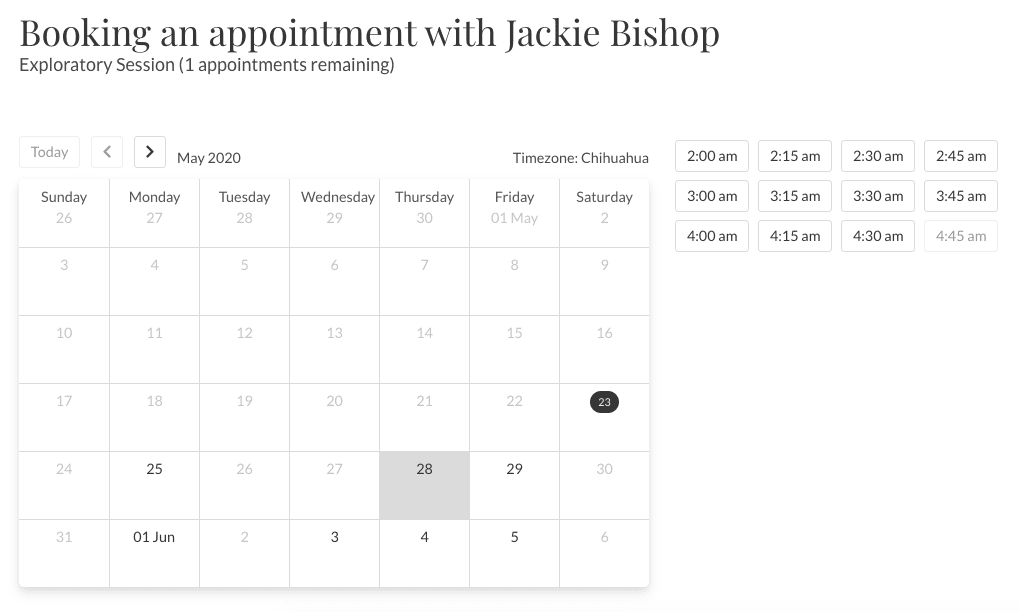 Paperbell showing availability calendar: "Booking an appointment with Jackie Bishop" calendar showing May 2020