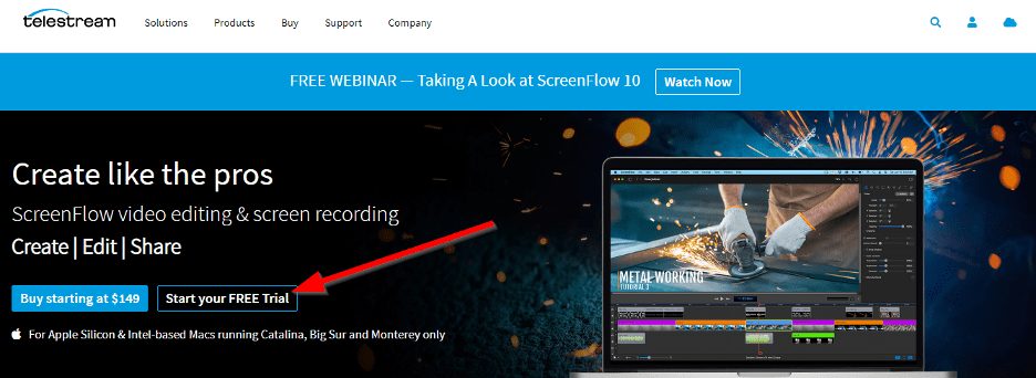 ScreenFlow home page with arrow pointing to "Start your FREE Trial"