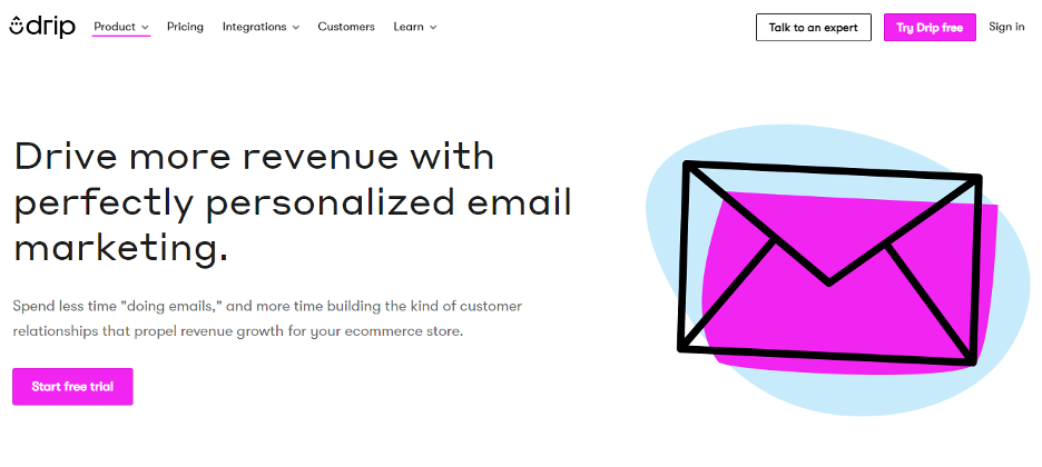 Screen shot of Drip home page with envelope graphic