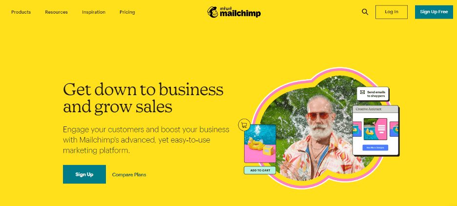 Screen shot of MailChimp home page with a man wearing sunglasses along with mailchip examples