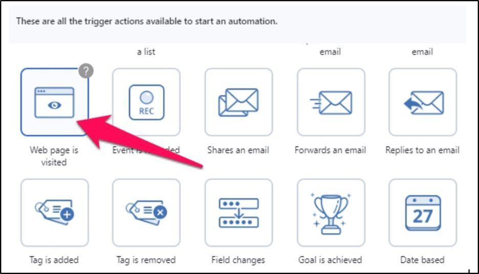 MailChimp's trigger actions available to start an automation