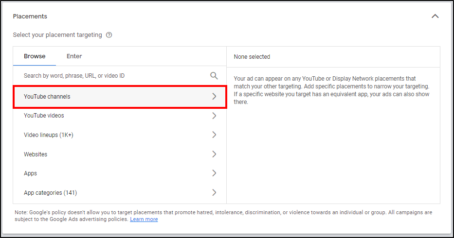 Placement targeting settings with red box around YouTube channels