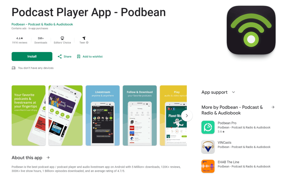 Podcast Player App Podbean spotify install screen