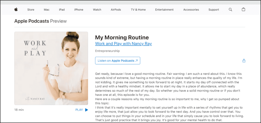 Apple Podcast Preview page of the Work and Play with Nancy Ray podcast, My Morning Routine episode 