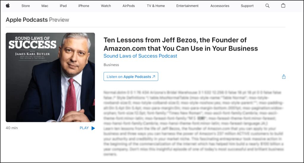 Apple Podcast Preview webpage with Ten Lessons from Jeff Besos  