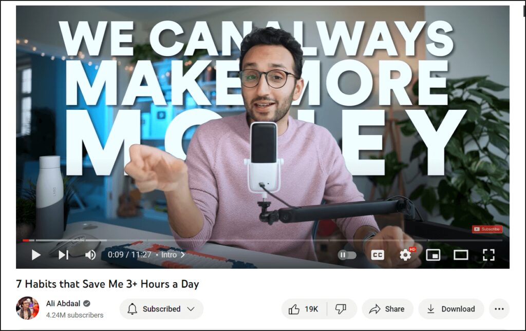 YouTube Video page of Ali Abdaal 7 Habits that Save Me 3+ Hours a Day