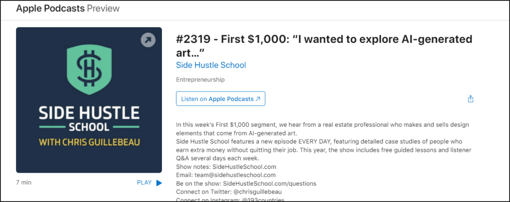 Apple Podcast Preview page of the Side Hustle School Episode #2319