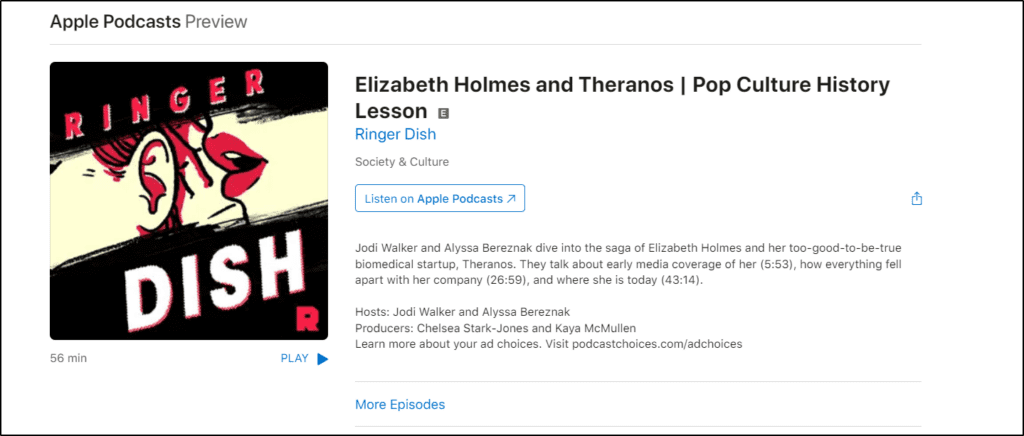 Apple Podcasts Preview of Ringer Dish Elizabeth Holmes and Theranos Pop Culture History Lesson