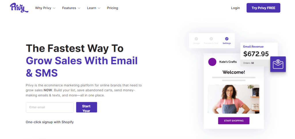 Privy home page "The Fastest Way to Grow Sales With Email & SMS"