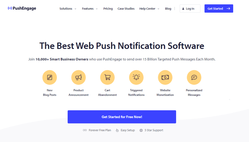 PushEngage home page dispalying the words "The Best Web Push Notification Software"