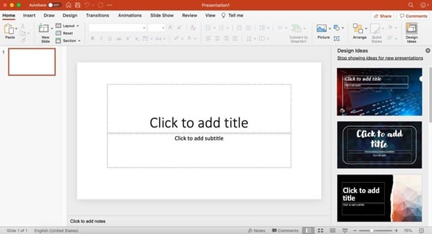 PowerPoint blank slide with options to select to create slide