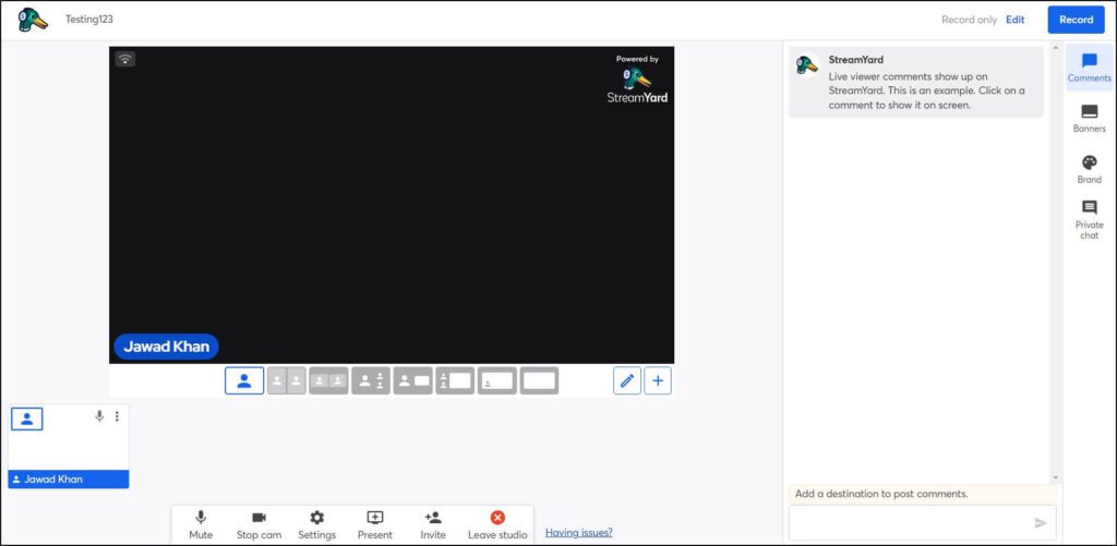 StreamYard stream screenshot
With Record button