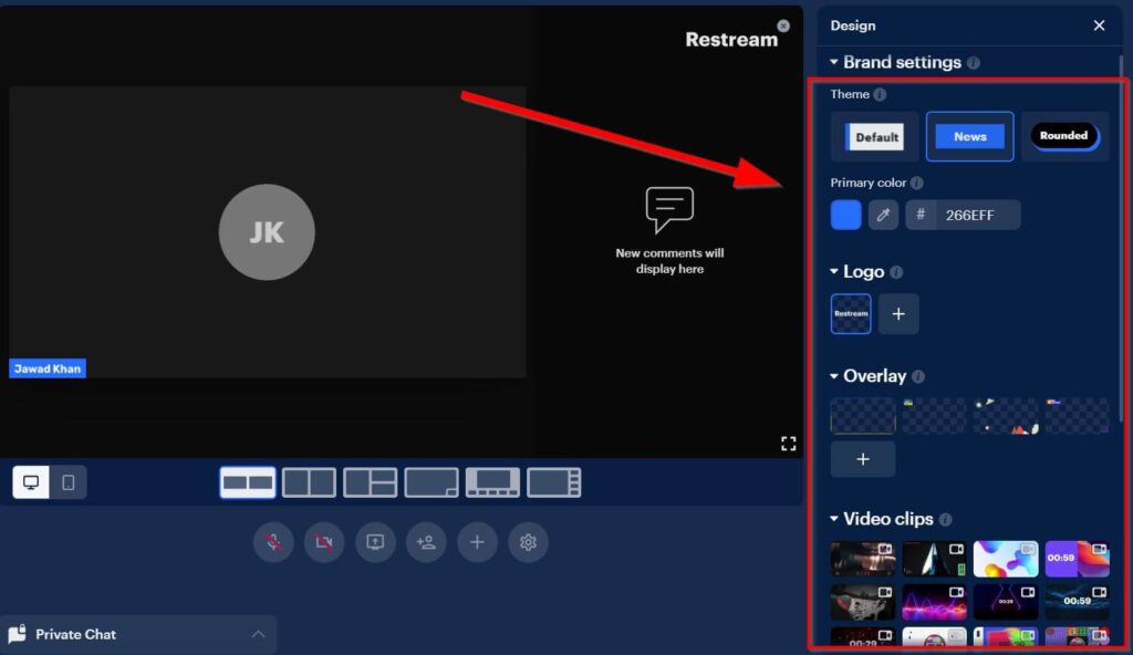 Restream platform with a red arrow pointing to Brand Settings with a red box over the theme, color, logo, overlay and video clips
