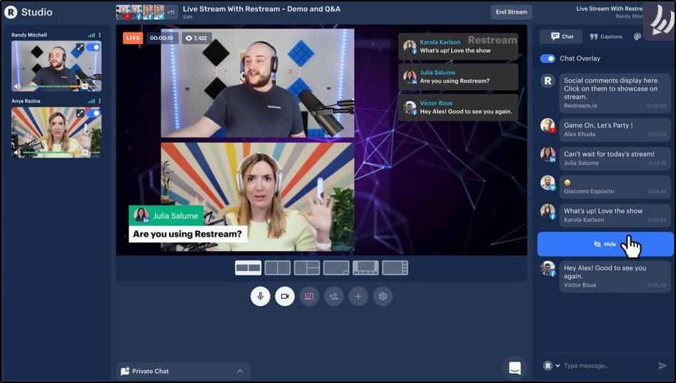 Screenshot of a live stream with restream demo and Q&A 
Two people on screen with a chat overlay on 