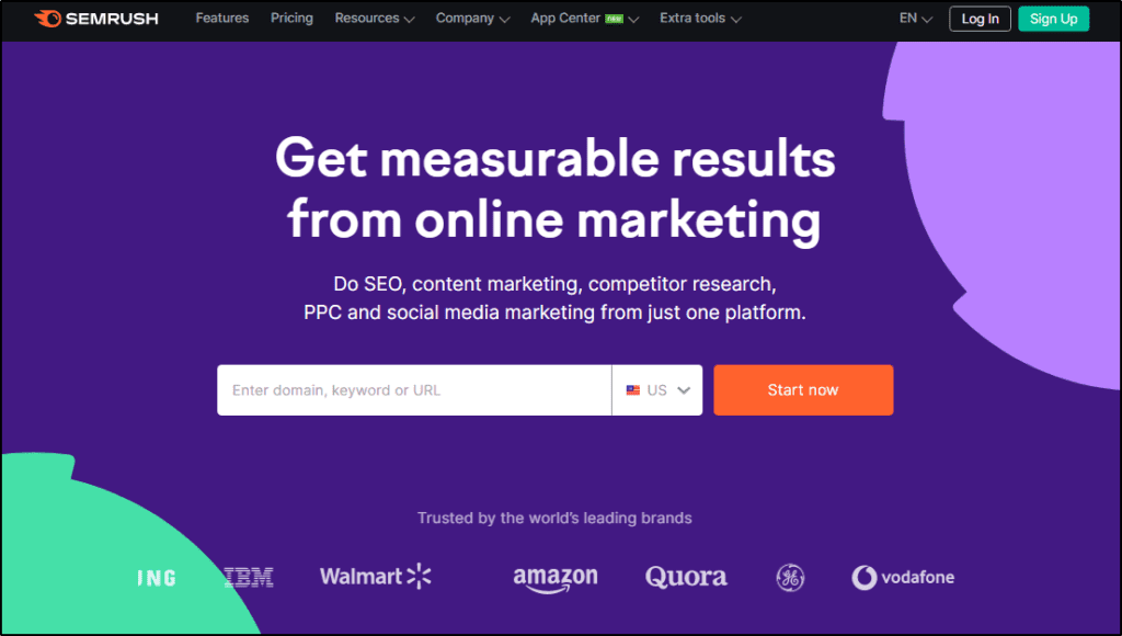 SEMRush home page "Get measurable results from online marketing"