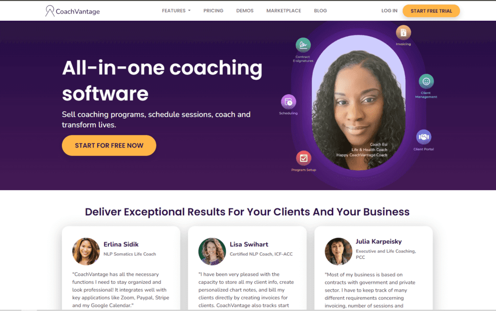 CoachVantage homepage
Start Free Trial button
image of woman with 6 circles around her