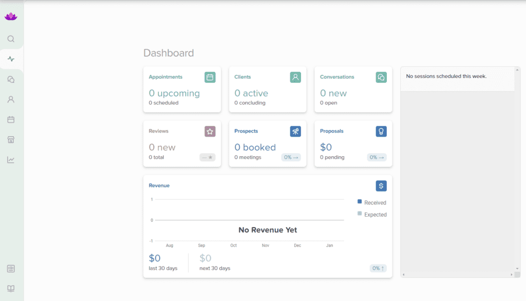 Dashboard with Appointments, clients, conversations, reviews, prospects and proposals boxes
revenue section