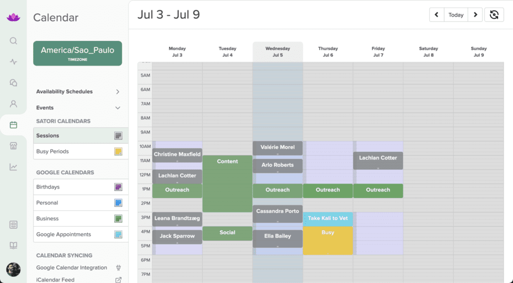 Calendar with blocked of meetings for July 3-9 in colors with code on left