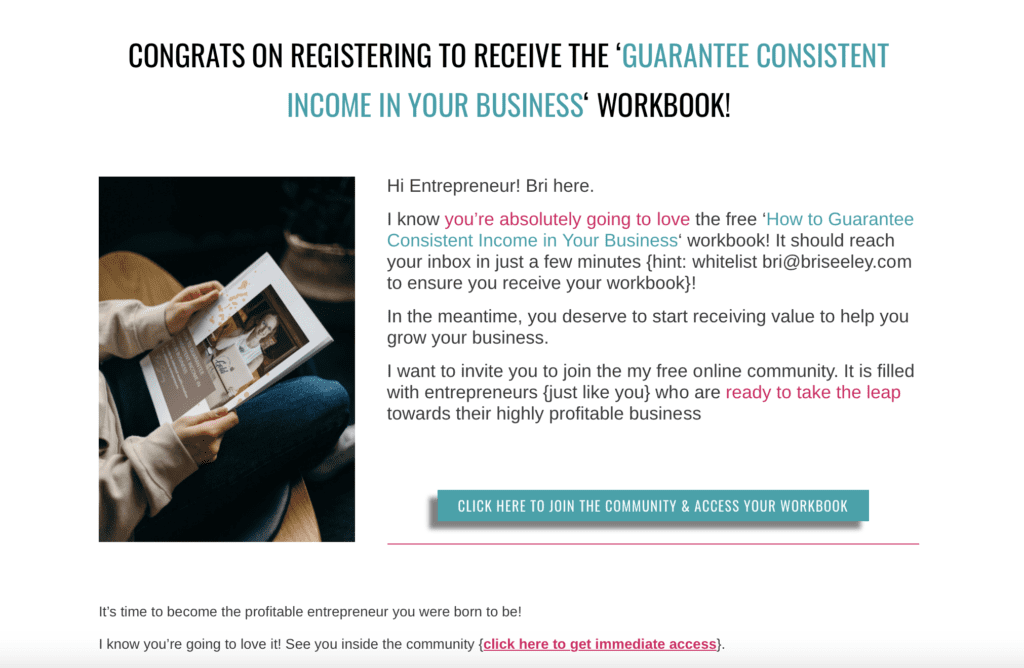 CONGRATS ON REGISTERING TO RECEIVE THE ‘GUARANTEE CONSISTENT INCOME IN YOUR BUSINESS‘ WORKBOOK! with button to "CLICK HERE TO JOIN THE COMMUNITY & ACCESS YOUR WORKBOOK"