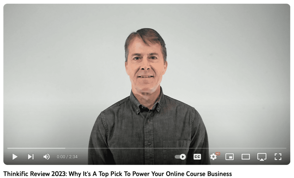 Learning Revolution YouTube screenshot of Jeff Cobb video "Thinkific Review 2023: Why It's A Top Pick To Power Your Online Course Business"