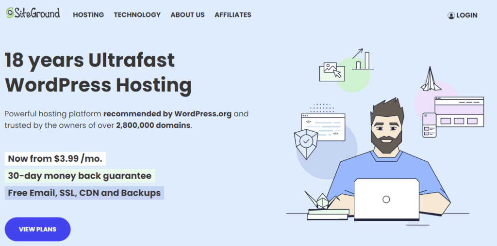 SiteGround Web Page -"18 years Ultrafast WordpPress Hosting"