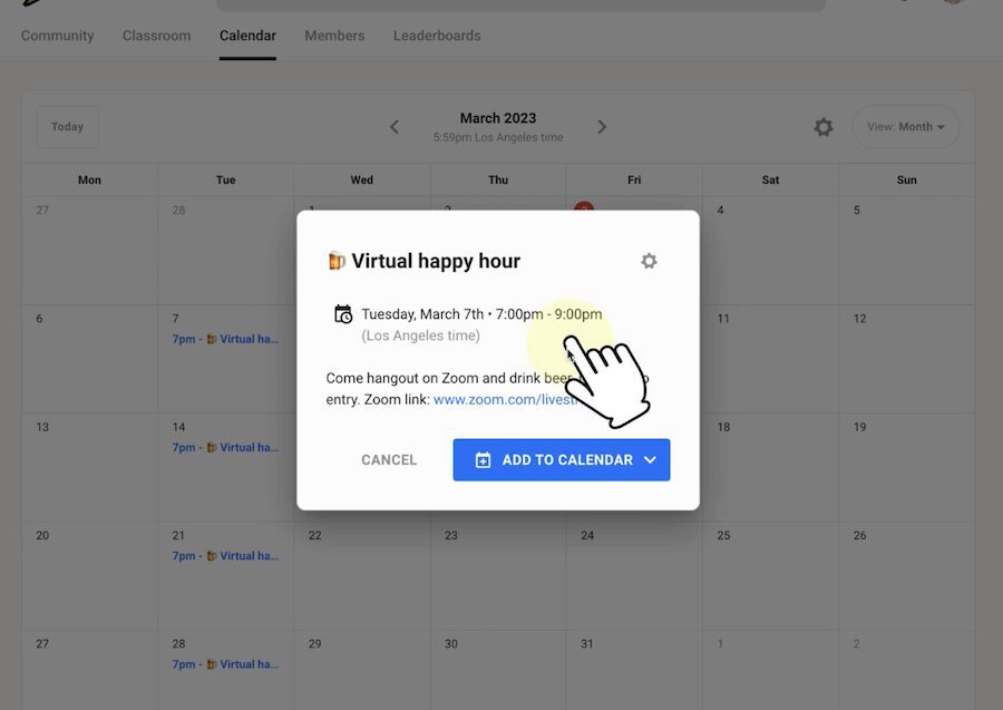 Pop up of VIrtual Happy Hour with date and a gloved  hand with blue box sating add to calendar