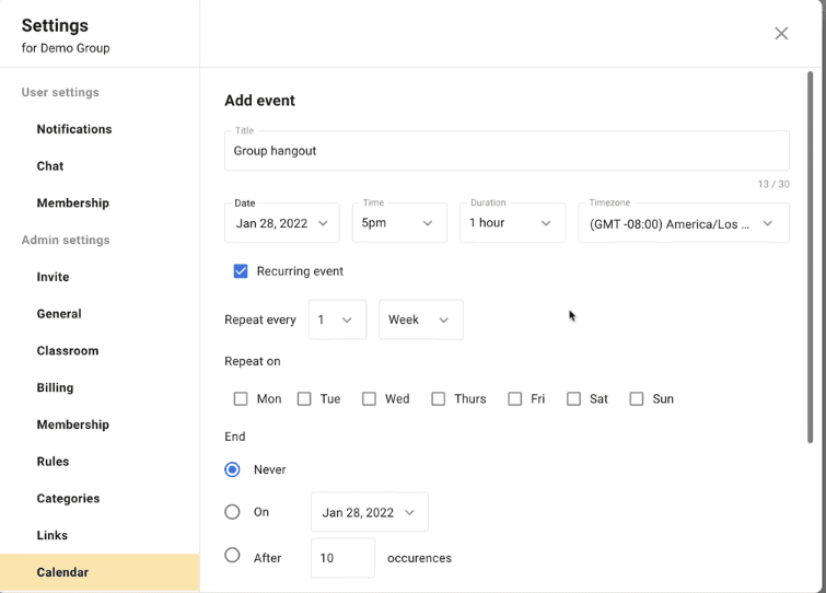 screenshot settings for Demo Group of a calendar item to creattae

