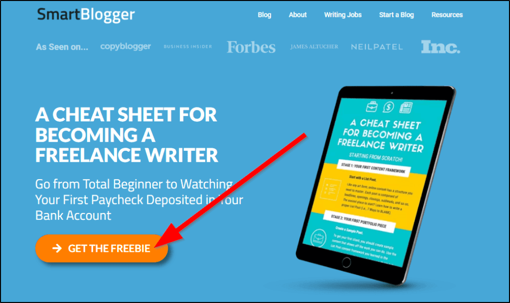 SmartBlogger cheat sheet lead magnet example- -A Cheat Sheet For Becoming a Freelance Writer-