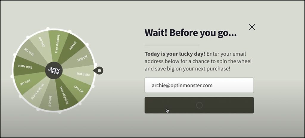 OptinMonster example of a Spin to Win pop-up screen
