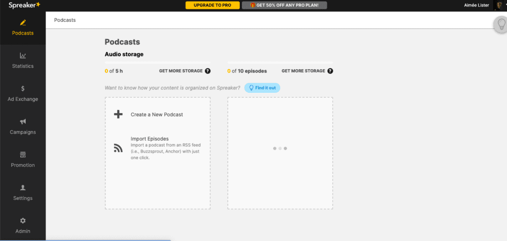 Spreaker homepage
Box to add a create a new podcast