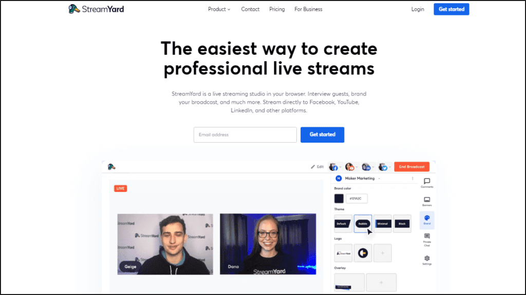 StreamYard home page "The easiest way to create professional live streams"