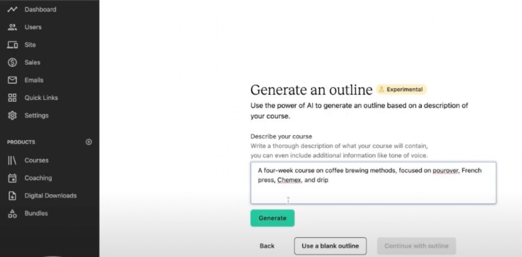 Generate an outline screenshot showing menu and text box to describe your course