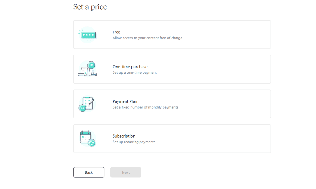 Set a price window with Free, one time purchase, payment plan and subscription options